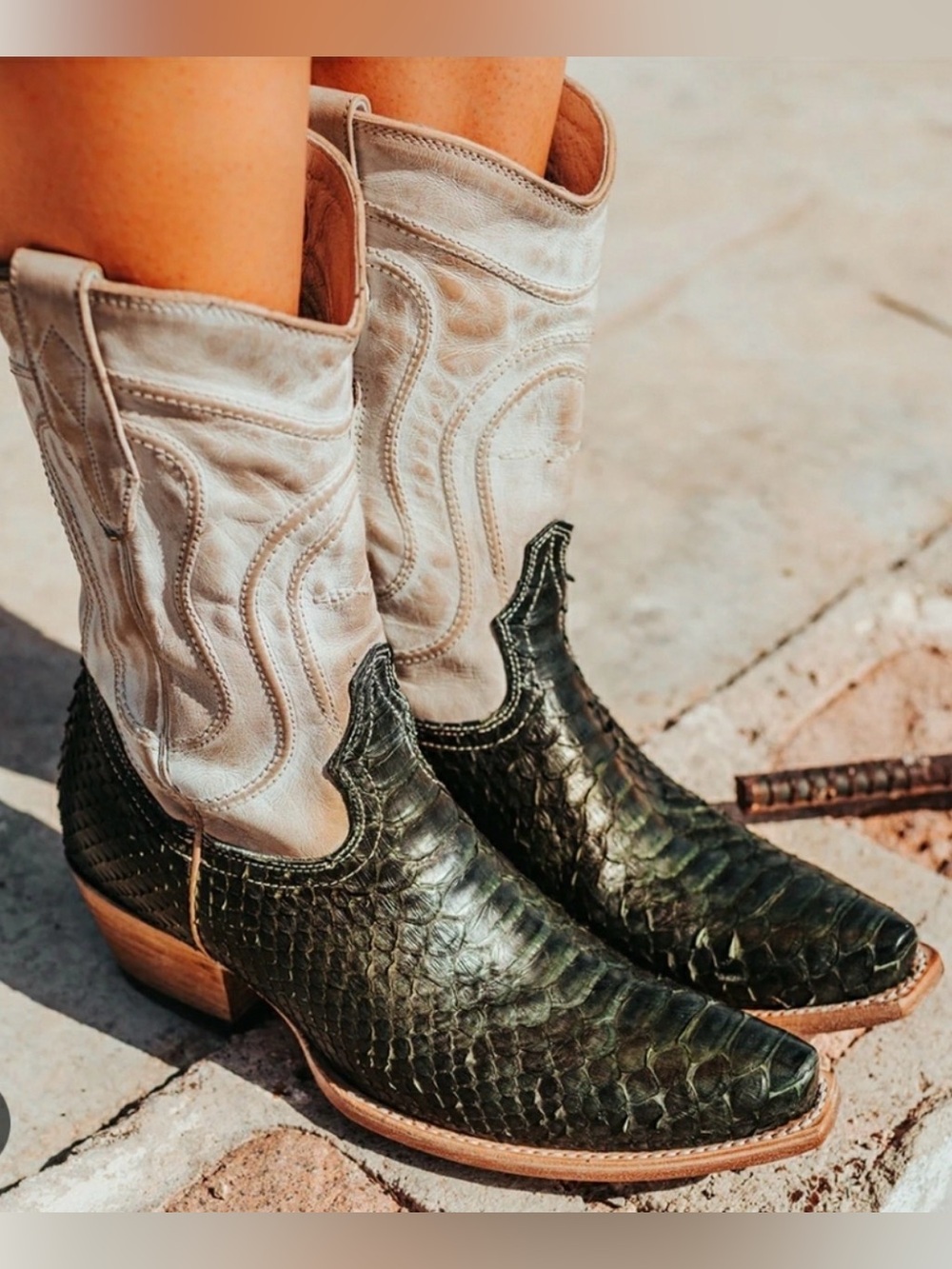 Freebird Warrick in Olive Green Python Western Leather Mid-Calf Boots 10